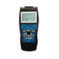 Handheld scanner with blue-lit screen displaying ECU data and function keys