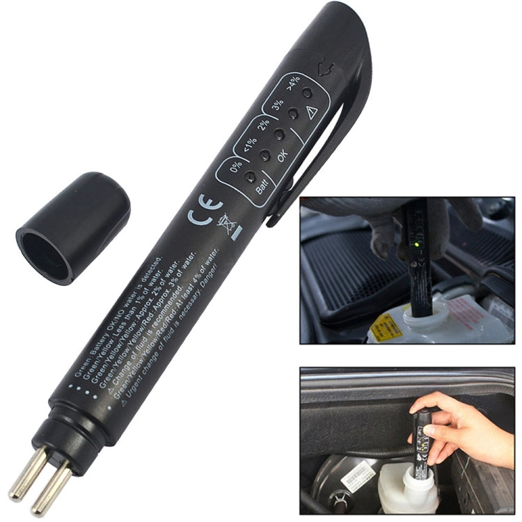 Brake fluid tester, black handheld with metal probe tips and LED indicator face