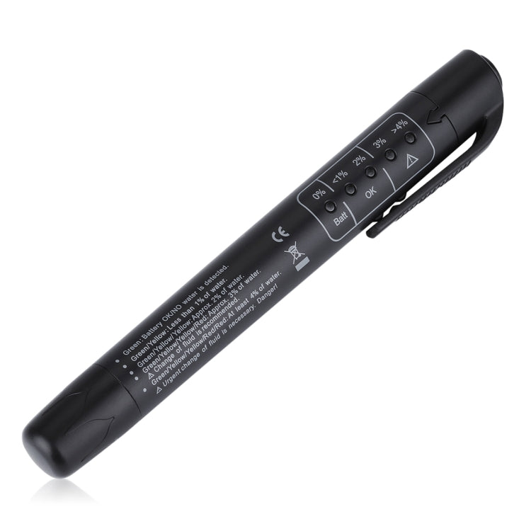 Brake fluid tester tool, black pen-style body with button and 5-LED display window