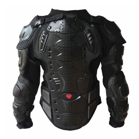 Black back armor protective jacket with perforated chest-to-hip plates and shoulder pads