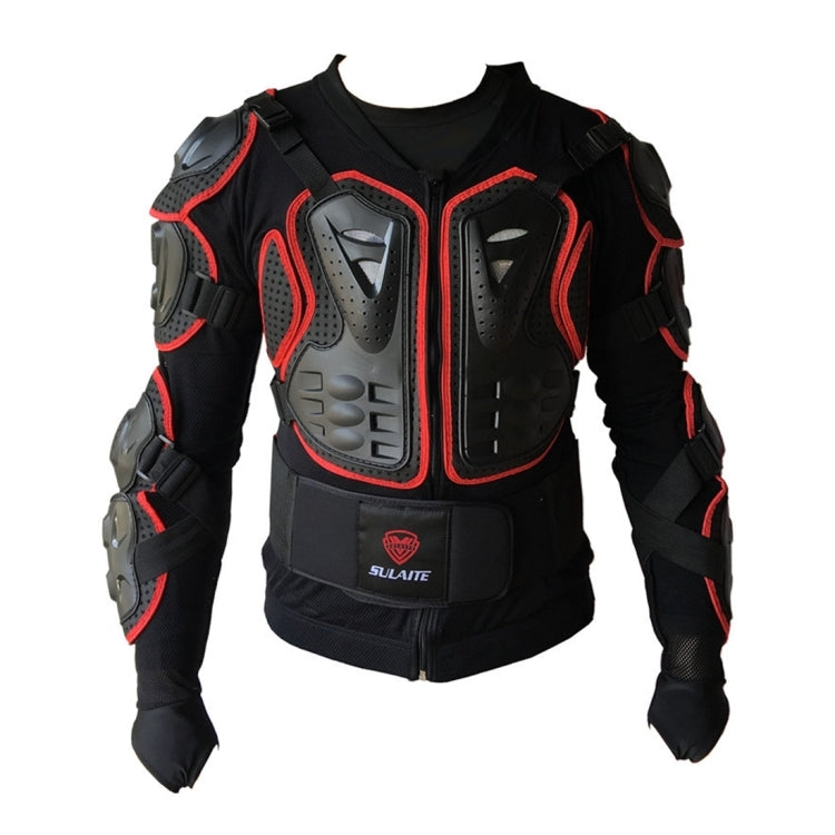 Black motorcycle protective armor jacket with gray and red shoulder and chest pads, size S