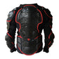 Back view of black motorcycle armor jacket with large gray segmented back protector and red trim