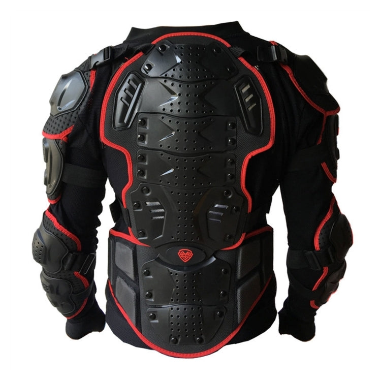 Back view of black motorcycle armor jacket with large gray segmented back protector and red trim