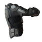 Side view of black motorcycle protective armor jacket with gray forearm and elbow pads