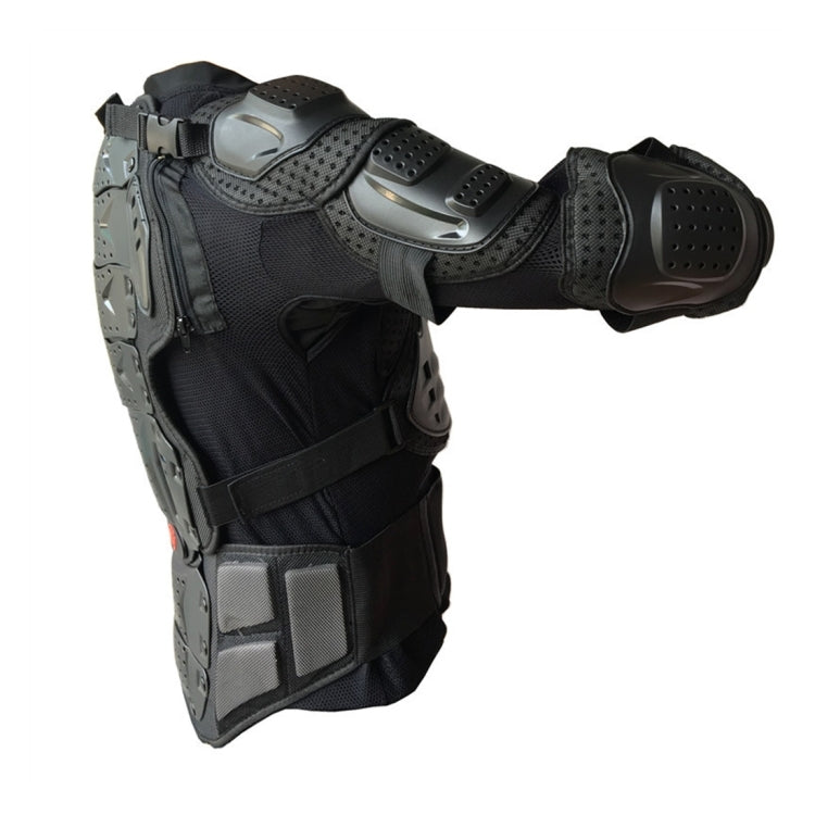 Side view of black motorcycle protective armor jacket with gray forearm and elbow pads