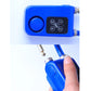 Blue alarm control panel with round button and keypad, side pins