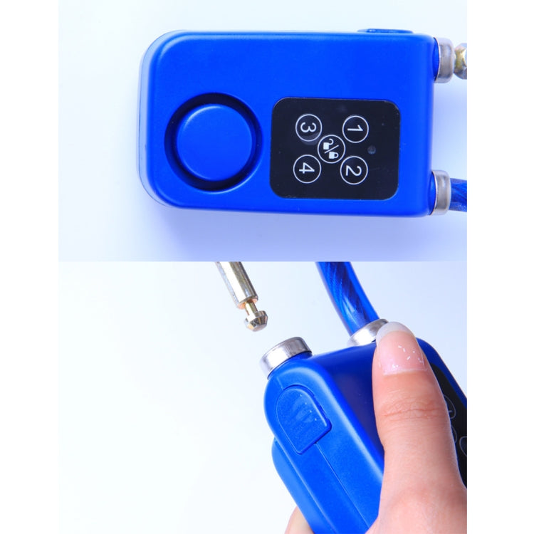 Blue alarm control panel with round button and keypad, side pins