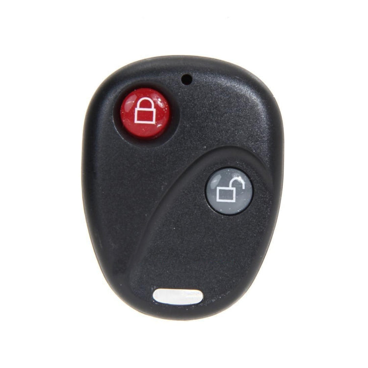Black alarm key fob remote with red lock button and gray unlock button