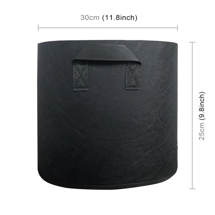 Black round fabric planting grow bag, stitched carry handle tabs, about 25 cm tall