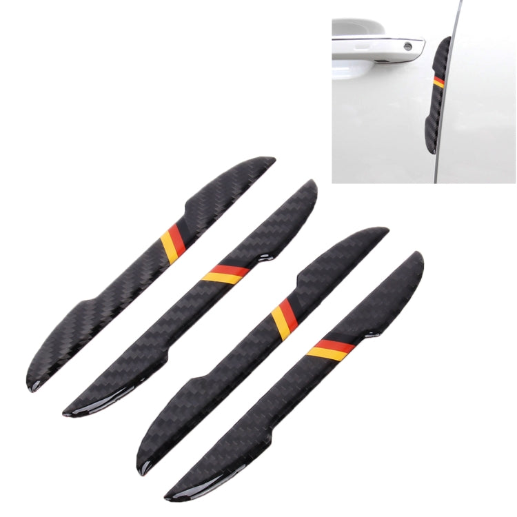 Black carbon fiber door edge guards with red and yellow accent stripes, 4-pack.