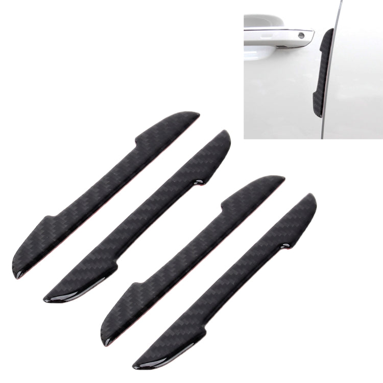 Set of black carbon fiber door edge guards with curved adhesive tabs, 4-pack.