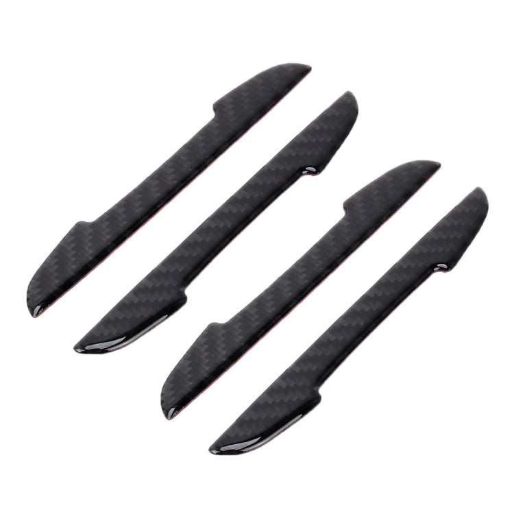 Black carbon fiber door edge guard stickers set with curved tips and adhesive backing, 4-pack.