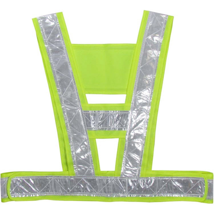 Neon yellow reflective safety vest front view with silver V and cross reflective straps