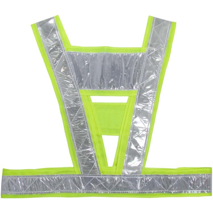 Neon yellow reflective safety vest with centered V pattern and horizontal reflective band
