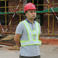 Neon yellow reflective safety vest worn by worker, front H-pattern silver stripes