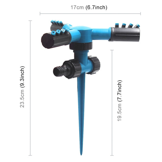 Blue rotating garden sprinkler with three-arm spray nozzles and spike base