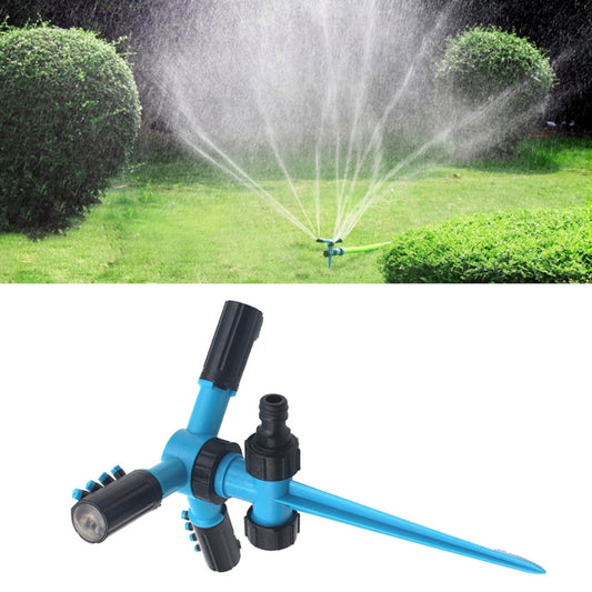Blue 360 rotating garden sprinkler with three-arm sprayers and spike base