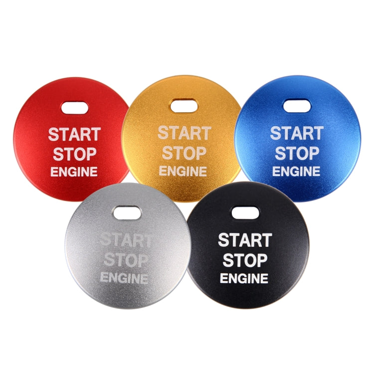 Set of round engine start stop button covers in red, gold, blue, silver, and black