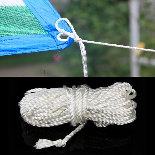 White nylon braided utility rope with looped end, bundled coil for tying