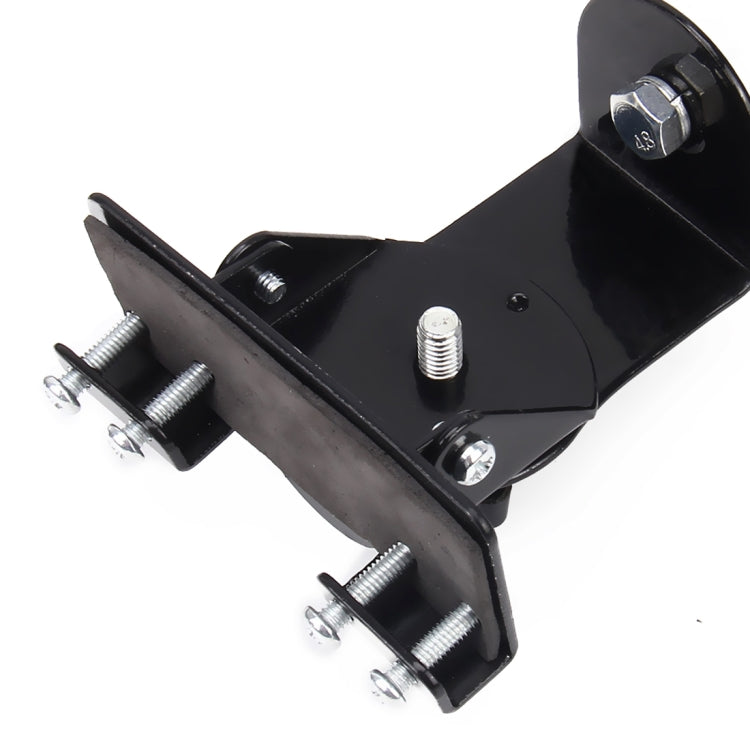Glass-mount antenna mounting bracket with black base and metal screws, close-up