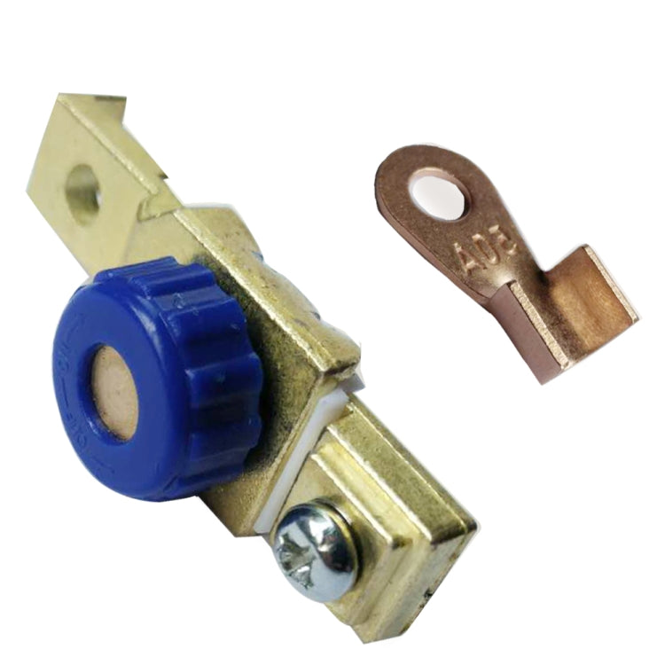 Motorcycle battery cut-off switch with blue knob and brass terminal lugs