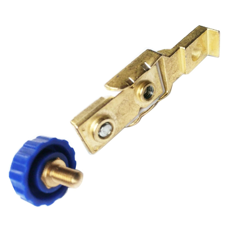Motorcycle battery cut-off switch with blue push knob and bolt terminal posts