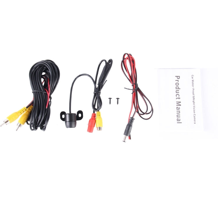 Backup camera wiring kit with black cable, connectors, and mounting clip