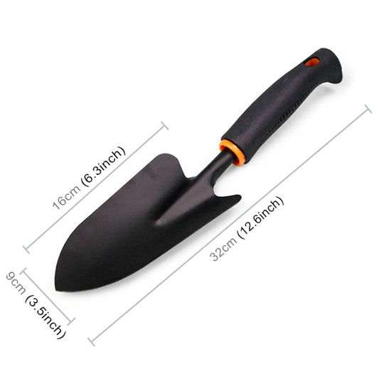 Long-handled garden shovel with dark blade, black plastic grip, and orange collar