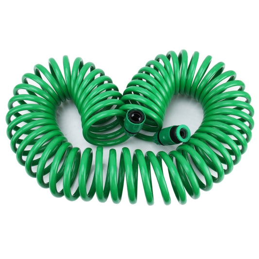 Green spiral telescopic garden hose with two end connectors and water outlet adapter