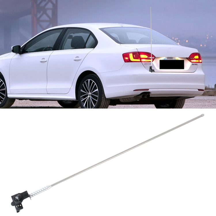 Car antenna aerial, long silver-colored mast with black base and spring connector