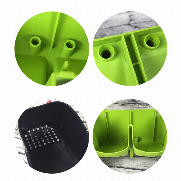 Lime green planter tray detail with drain holes and two black pot inserts