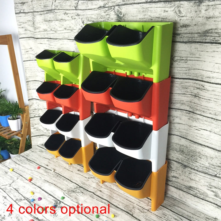 Stackable wall planter set with multiple lime, orange, and yellow modules and black pots