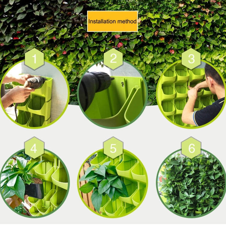 Lime green wall planter pockets being installed on a hedge backdrop