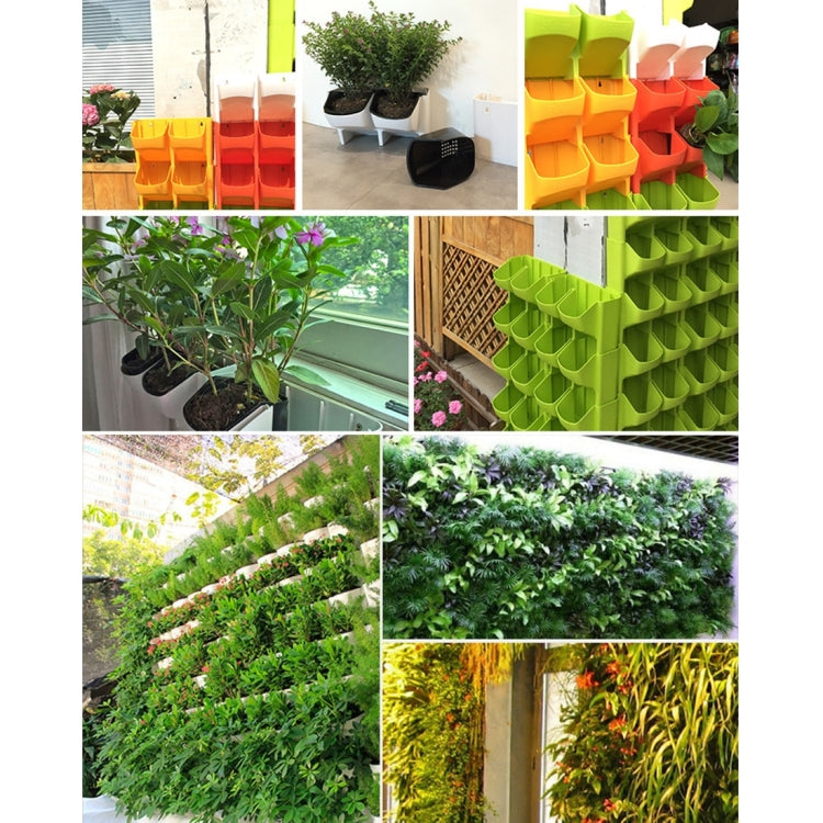 Wall hanging planter system in green, orange, and yellow with black pots and plants