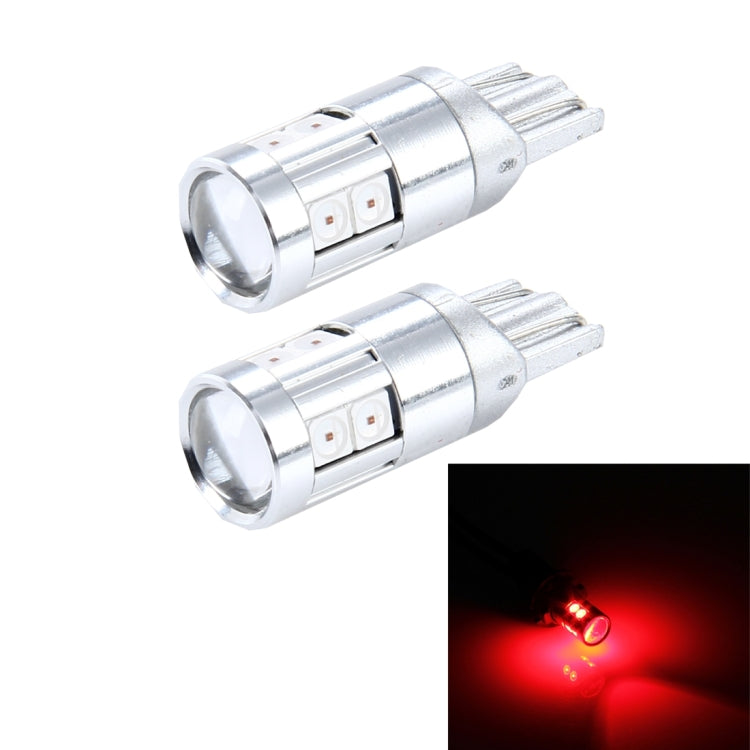 Pair of T10 LED bulbs with red glow and chrome housing; multiple yellow SMD chips