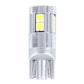 T10 LED bulb close-up with chrome body and two visible yellow SMD chips