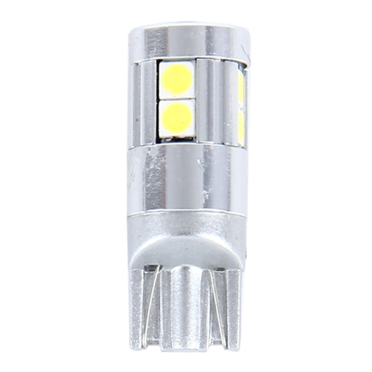 T10 LED bulb close-up with chrome body and two visible yellow SMD chips
