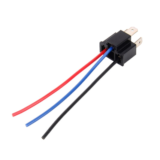 H4 bulb holder socket with single black base and red, blue, and black wire harness