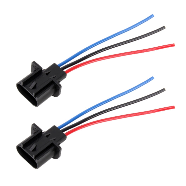 Pair of H13 male bulb socket connectors with attached blue, red, and black wires