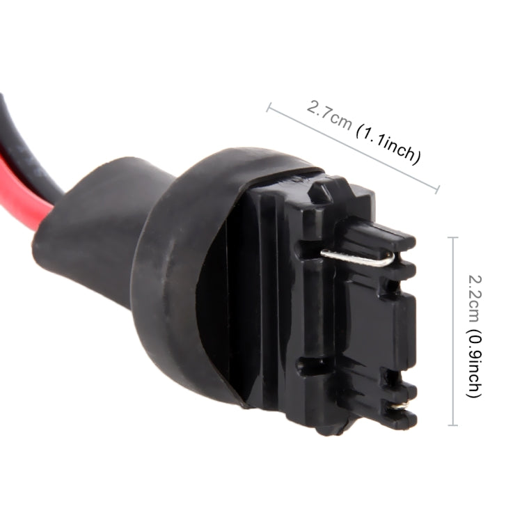 Black male bulb socket base close-up with red/black wires and pin terminals, 2.2 cm
