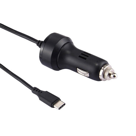 Black car charger adapter with USB-C cable and metal connector plug