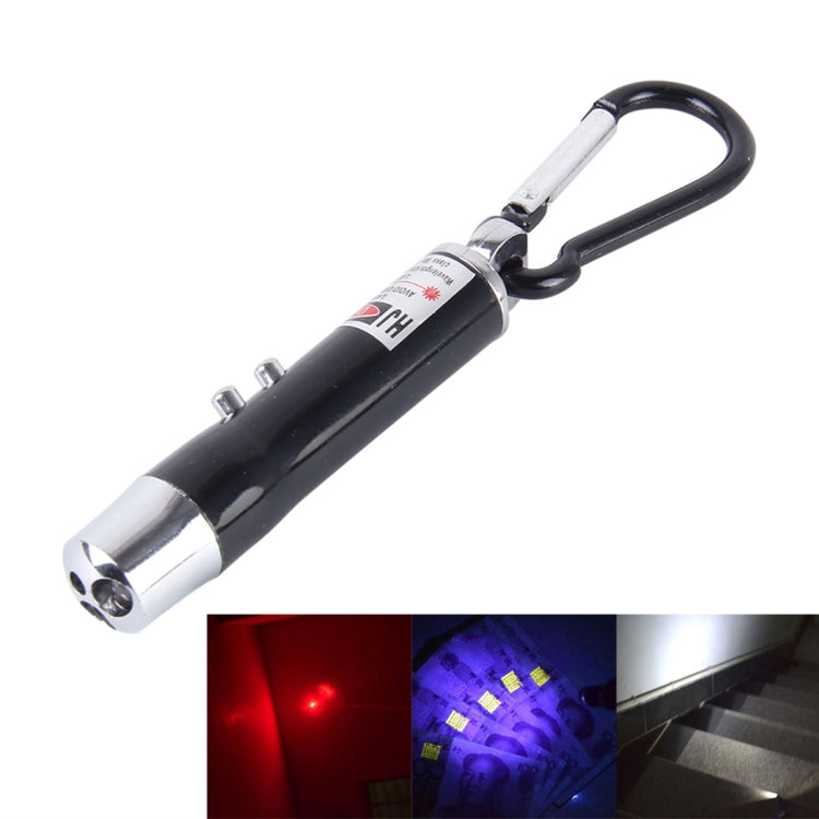 Black mini LED keychain flashlight with metal silver end cap and carabiner loop