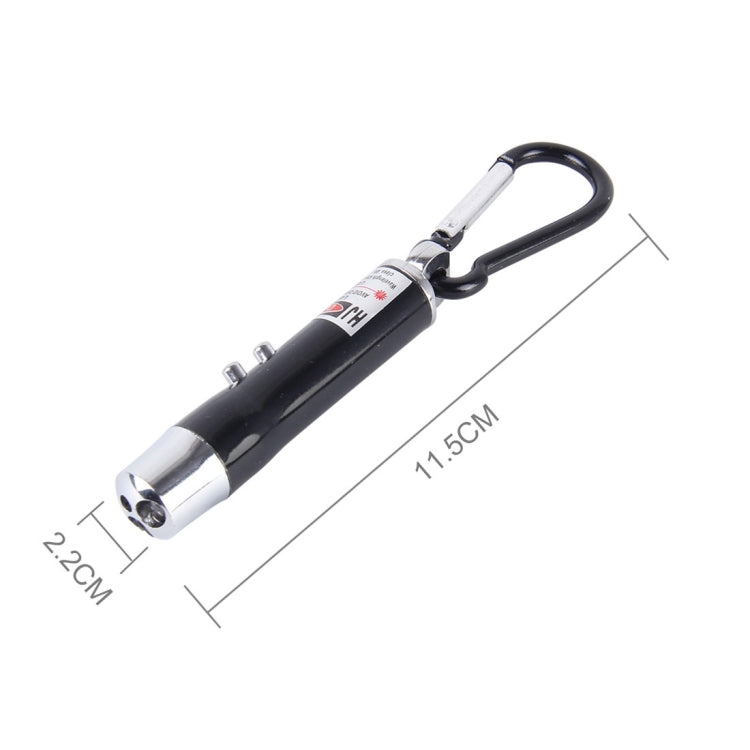 Mini LED keychain flashlight, black metal body with silver ends and carabiner, 11.5 cm