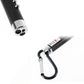 Black mini LED keychain flashlight detail with lens tip and carabiner keyring