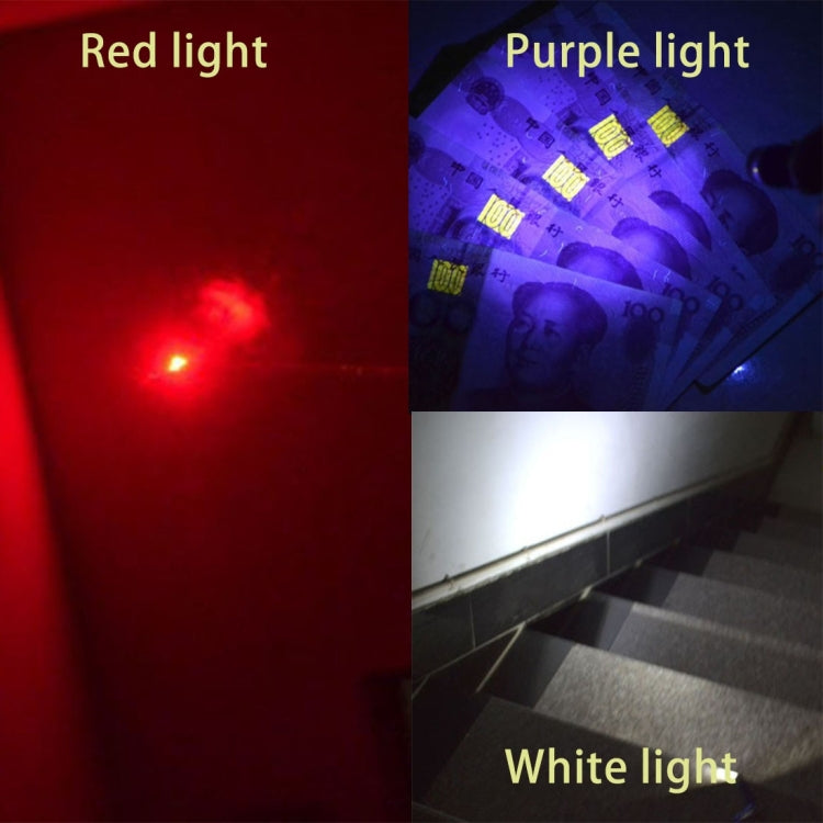 Mini LED keychain flashlight beam colors: red, purple, and white light