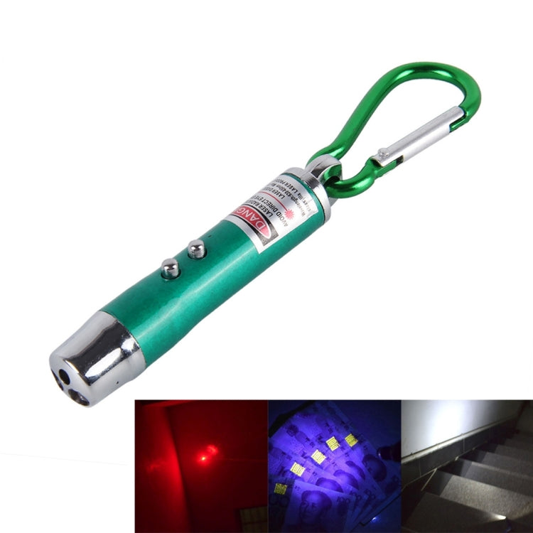 Green mini LED keychain flashlight with metal silver end cap and carabiner loop