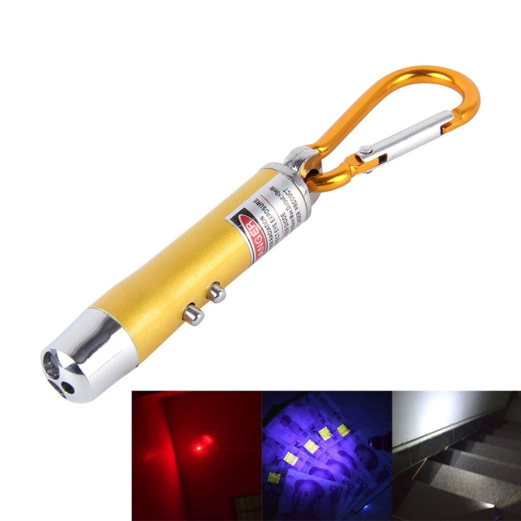 Gold mini LED keychain flashlight with metal silver end cap and carabiner loop