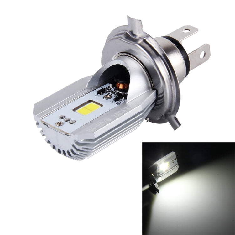 Motorcycle LED headlight bulb with metal heatsink, LED module, and mounting pins