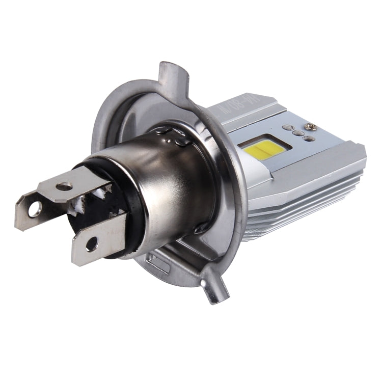 Motorcycle LED headlight bulb side view with socket pins and metal heatsink housing