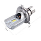 Motorcycle LED headlight bulb with metal heatsink and mounting pins, with size guides